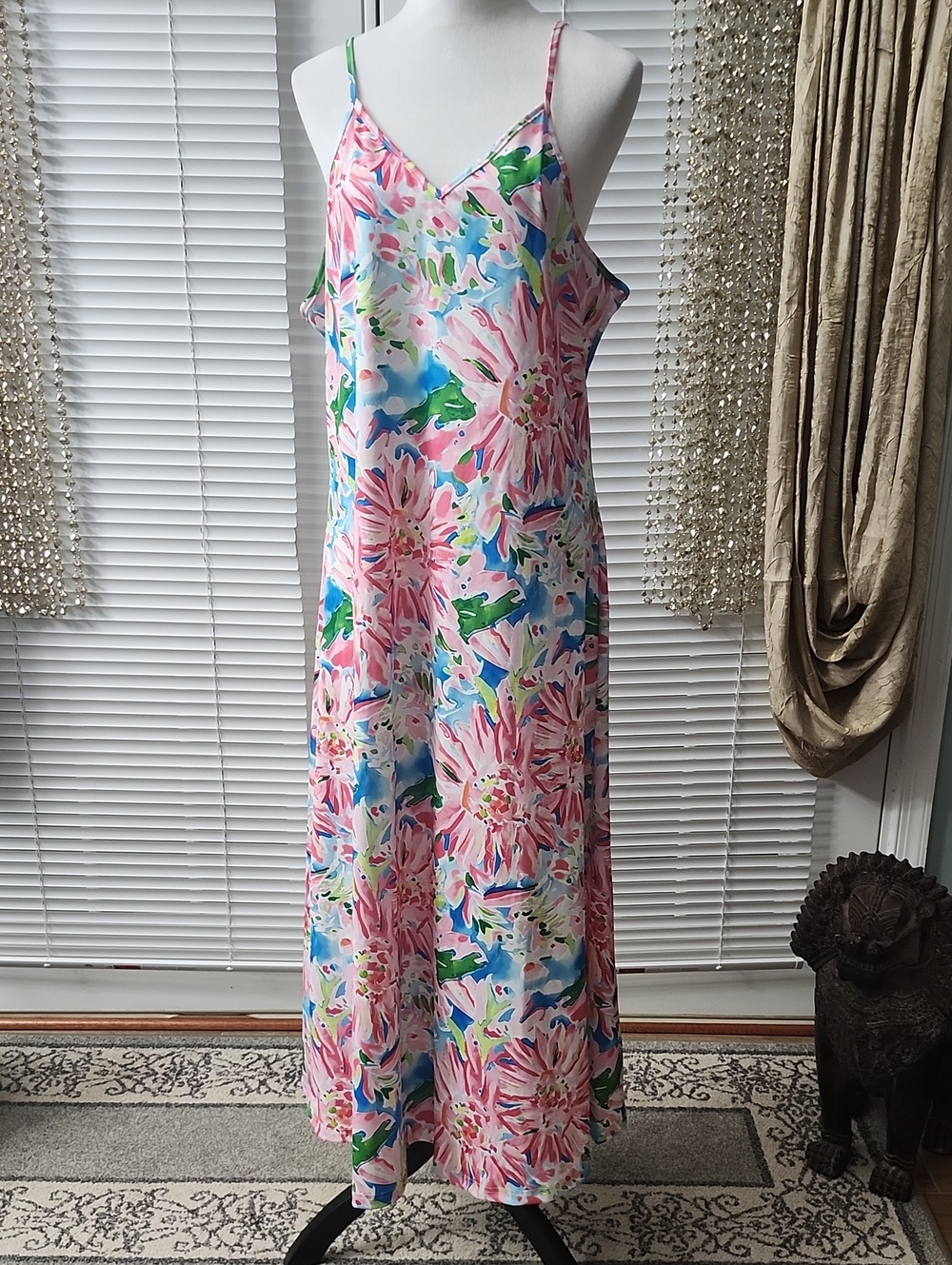 Tropical Floral Maxi Slip Dress in Pink, Blue & Green